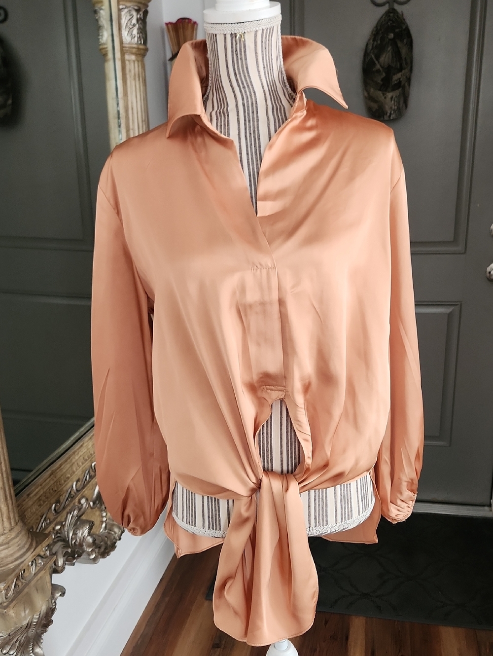Satin Oversized Tie-Front High Low Blouse